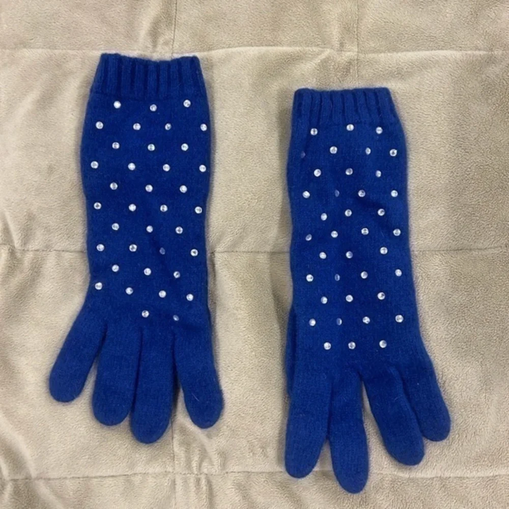 Touchscreen Blue Wool Gloves with Rhinestones